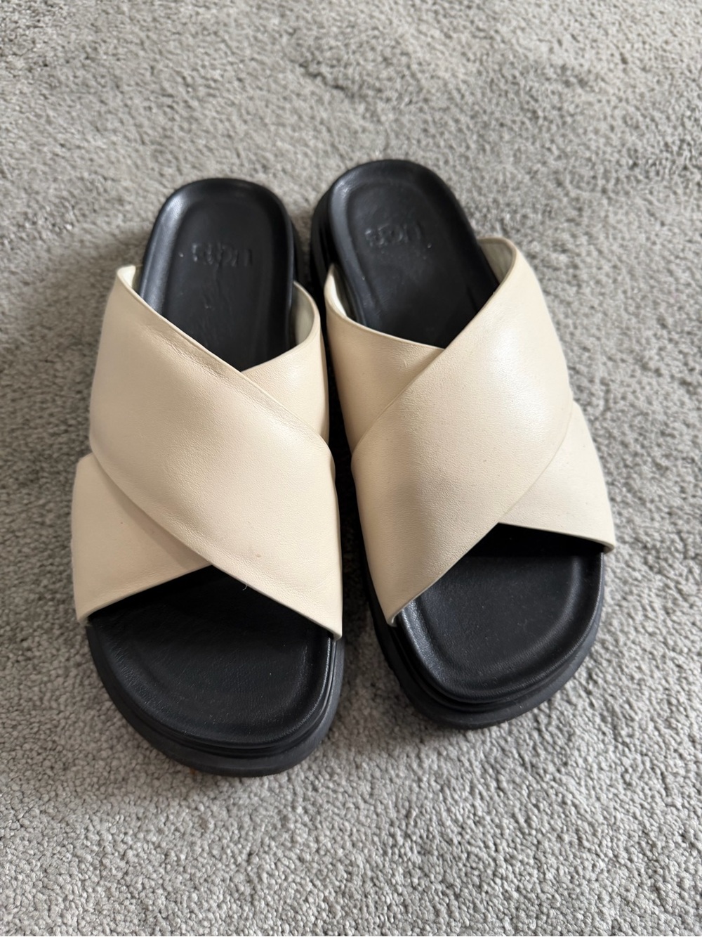 UGG Cream Crossover Slide Sandals with Black Footbed